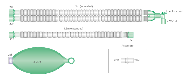 22mm skersmens Compact™ reguliuojamo ilgio kvėpavimo sistema su 2l rezerviniu maišu ir papildoma atšaka, ištemptos sistemos ilgis 2.0m