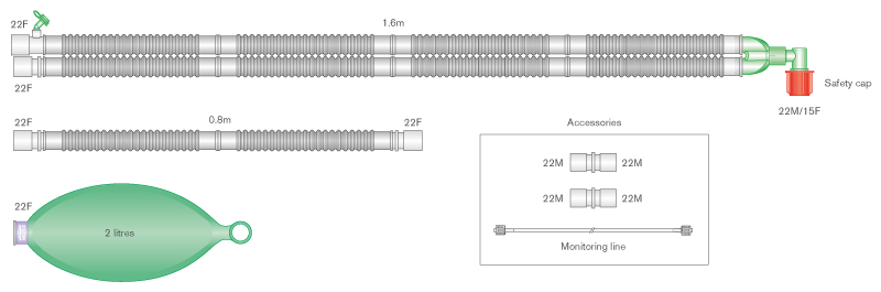 22mm skersmens Flextube™ kvėpavimo sistema su 2l rezerviniu maišu, integruota monitoringo linija ir papildoma atšaka, sistemos ilgis 1.6m