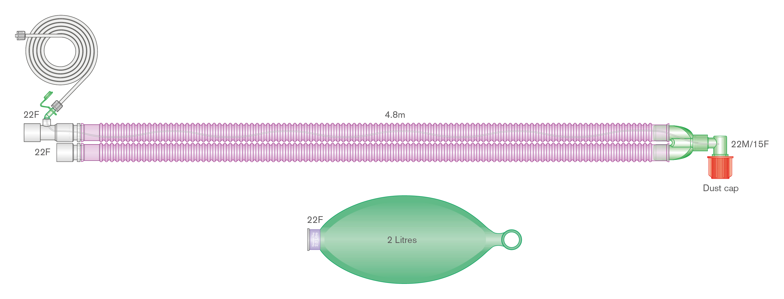 22mm skersmens Silver Knight™ antimikrobinė Flextube™ kvėpavimo sistema su 2l rezerviniu maišu ir integruota monitoringo linija, sistemos ilgis 4.8m 