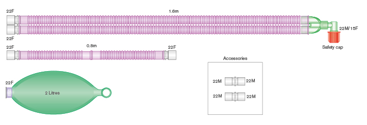 22mm skersmens Silver Knight™ antimikrobinė Flextube™ kvėpavimo sistema su 2l rezerviniu maišu ir su papildoma atšaka, sistemos ilgis 1.6m