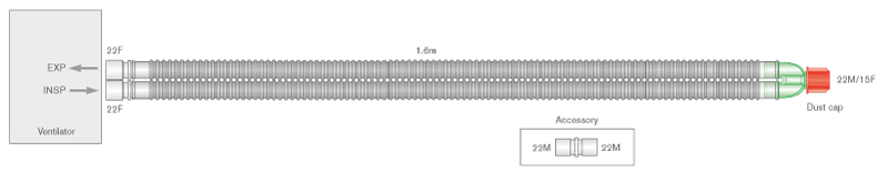 22mm skersmens Flextube™ kvėpavimo sistema, sistemos ilgis 1.6m - sterili