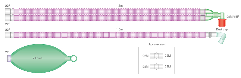 22mm skersmens Silver Knight™ antimikrobinė Flextube™ kvėpavimo sistema su fiksuota alkūne, 2l rezerviniu maišu ir papildoma atšaka, skirta naudoti su Aisys®, Avance® ir Aespire® Carestation® aparatais, sistemos ilgis 1.6m