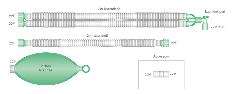 22mm skersmens Compact™ reguliuojamo ilgio kvėpavimo sistema su 2l rezerviniu maišu ir papildoma atšaka, ištemptos sistemos ilgis 3.0m