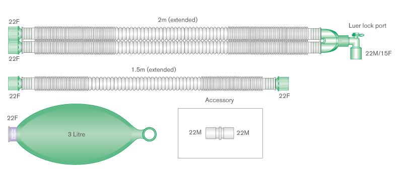 22mm skersmens Compact™ reguliuojamo ilgio kvėpavimo sistema su 3l rezerviniu maišu ir papildoma atšaka, ištemptos sistemos ilgis 2.0m