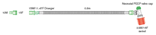 10 mm Flextube naujagimių gaivinimo kvėpavimo sistema su kintamu PEEP, dviguba šarnyrine alkūne. Sistemos ilgis ≥ 0.8 m