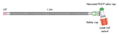 10 mm Flextube  naujagimių gaivinimo kvėpavimo sistema su kintamu PEEP, dviguba šarnyrine alkūne, skirta naudoti su Neopuff®. Sistemos ilgis ≥ 1.2 m