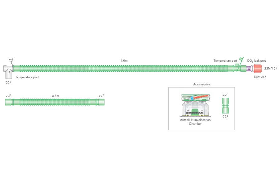 22 mm Flextube bilevel šildomos atšakos kvėpavimo sistema su besisukančia CO₂ nuotėkio anga, automatiniškai prisipildančiu deguonies drėkinimo indu  ir papildoma atšaka. Sistemos ilgis ≥ 1.6 m