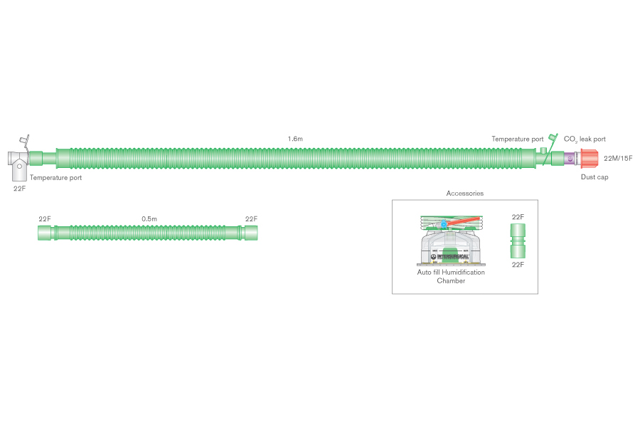 30 mm Flextube bilevel šildomos atšakos kvėpavimo sistema su besisukančia CO₂ nuotėkio anga, automatiniškai prisipildančiu deguonies drėkinimo indu  ir papildoma atšaka. Sistemos ilgis ≥ 1.6 m