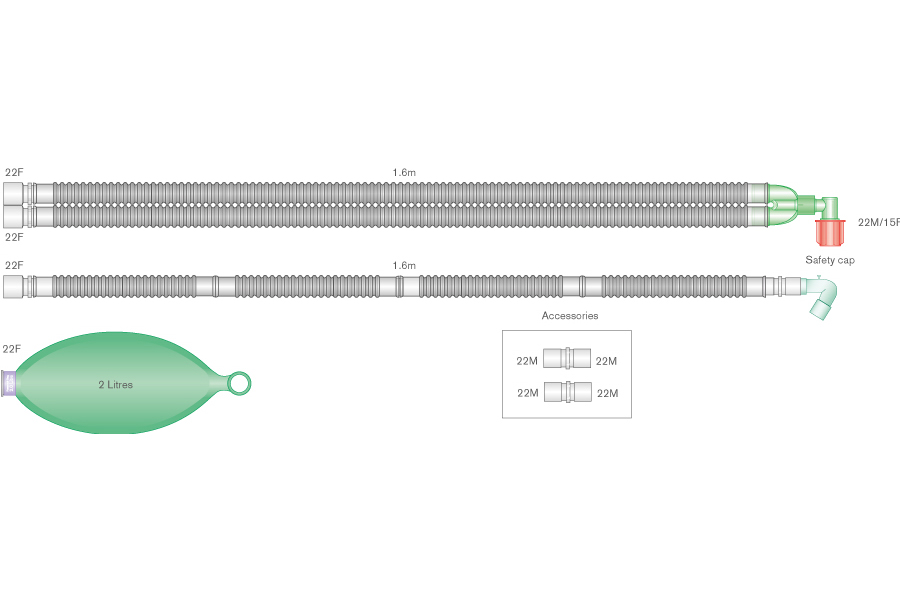 22mm skersmens Flextube™ kvėpavimo sistema su fiksuota alkūne, 2l rezerviniu maišu ir papildoma atšaka, sistemos ilgis 1.6m
