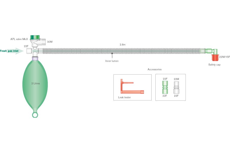 Mapleson D deluxe Bain bendraašė kvėpavimo sistema su 2l rezerviniu maišu, sistemos ilgis 2.8m