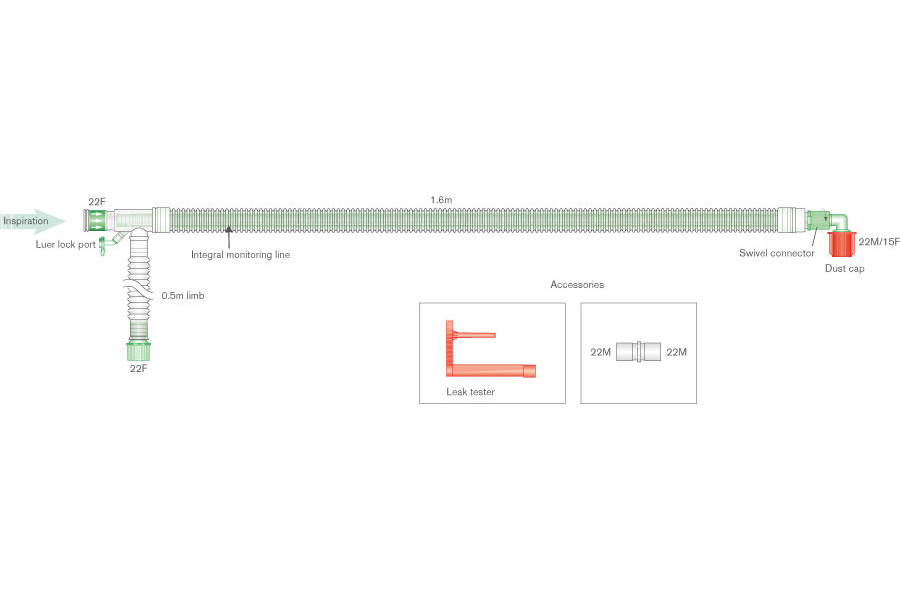 30mm skersmens UniFlow™ bendraašė kvėpavimo sistema su integruota monitoringo linija ir papildoma atšaka, sistemos ilgis 1.6m