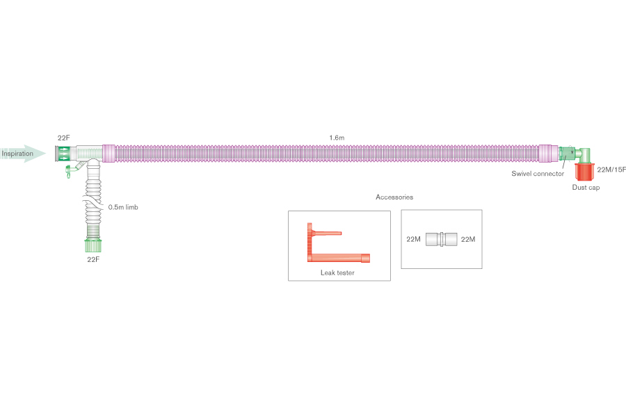 30mm skersmens Silver Knight™ antimikrobinė UniFlow™ bendraašė kvėpavimo sistema su integruota monitoringo linija ir su papildoma atšaka, sistemos ilgis 1.6m