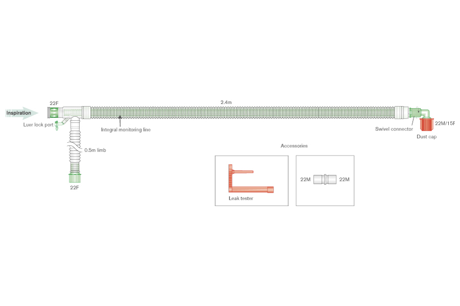30mm skersmens UniFlow™ bendraašė kvėpavimo sistema su integruota monitoringo linija ir papildoma atšaka, sistemos ilgis 2.4m