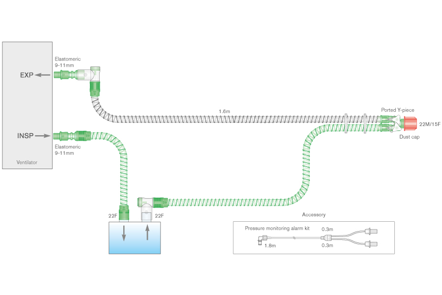 15mm skersmens Smoothbore lygiasienė kvėpavimo sistema su šildomomis įkvėpimo ir iškvėpimo atšakomis, monitoringo linija ir papildoma atšaka. ≥ 1.6m