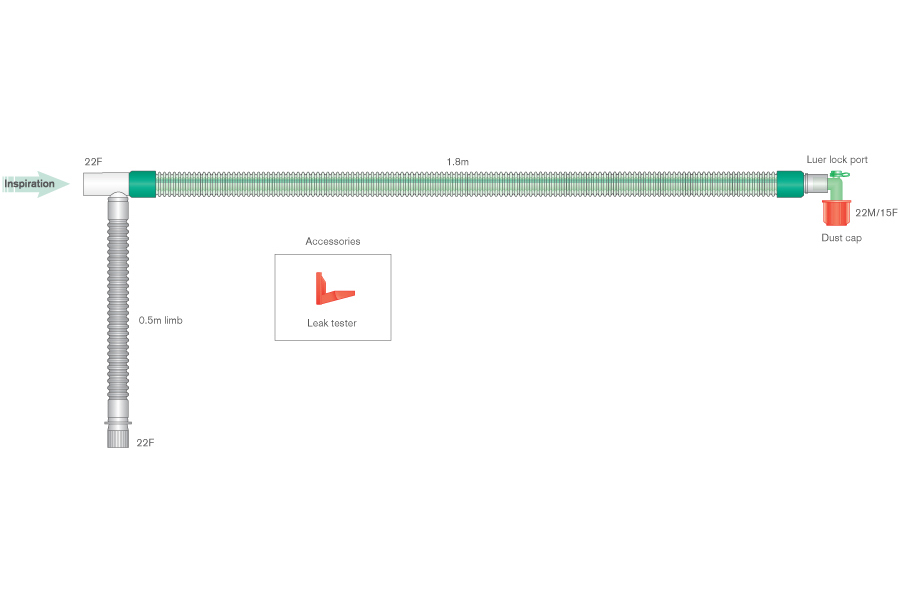 22mm skersmens  DuoFlow™ kvėpavimo sistema su luer alkūne, sistemos ilgis 1.8m