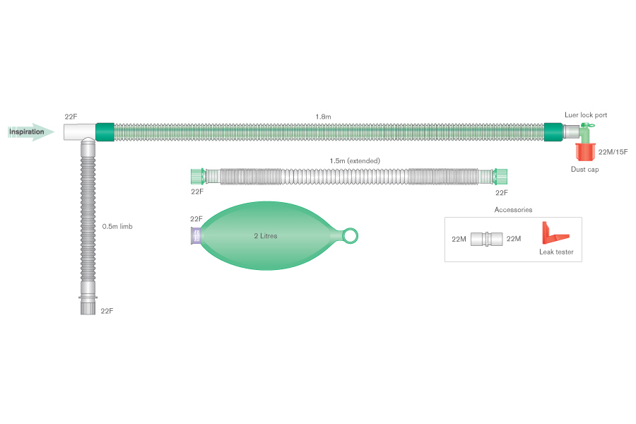 22mm skersmens DuoFlow™ kvėpavimo sistema su 2l rezerviniu maišu ir luer alkūne, sistemos ilgis 1.8m 