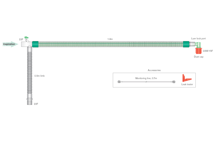 22mm skersmens DuoFlow™ kvėpavimo sistema su integruota monitoringo linija, sistemos ilgis 1.8m 