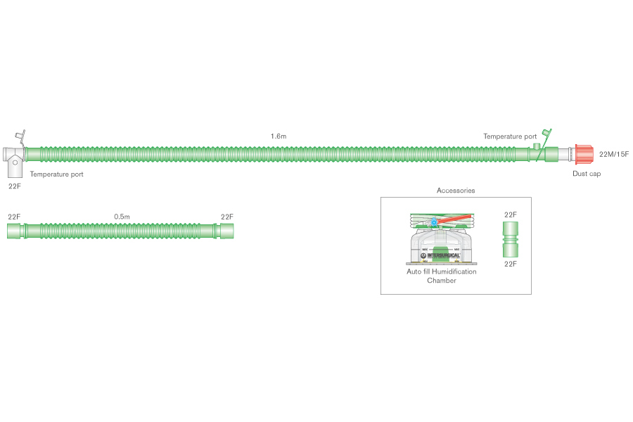 22mm diametro Flextube BiLEVEL šildoma kvėpavimo sistema vaikams su šarnyrine paciento jungtele, automatiškai prisipildančiu deguonies drėkinimo indu ir 0.5m atšaka, sistemos ilgis 1.6m
