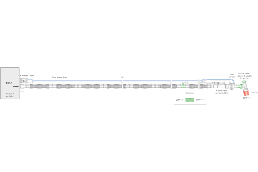22mm diametro Flextube kvėpavimo sistema, skirta Oxylog® 2000 plus, 3000, 3000 plus, sistemos ilgis 3m