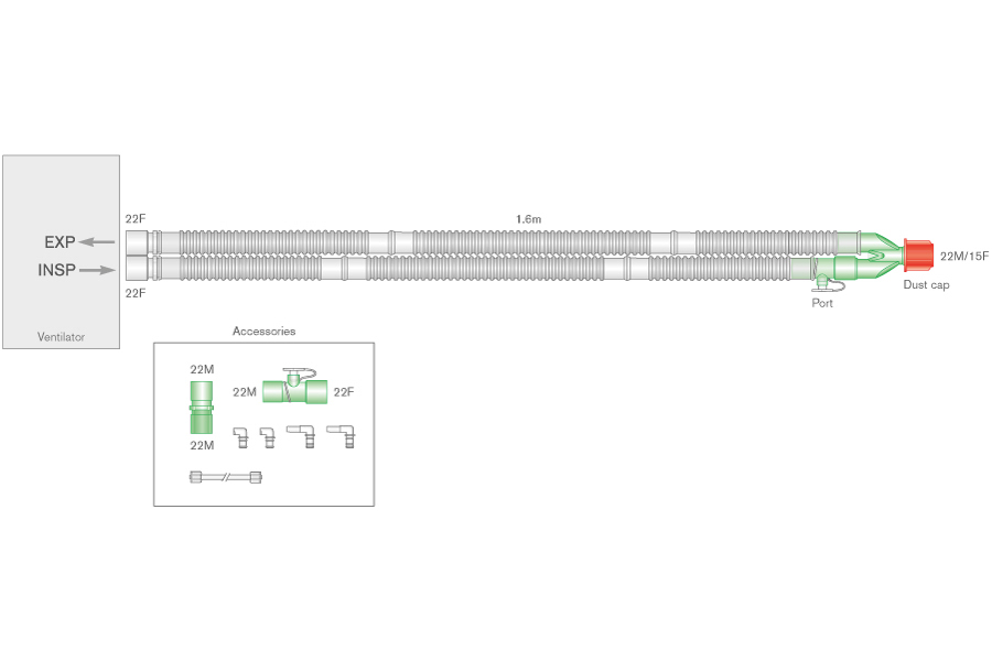 22mm diametro Flextube kvėpavimo sistema su jungtimis azoto oksido tiekimui, sistemos ilgis 1.6m - sterili