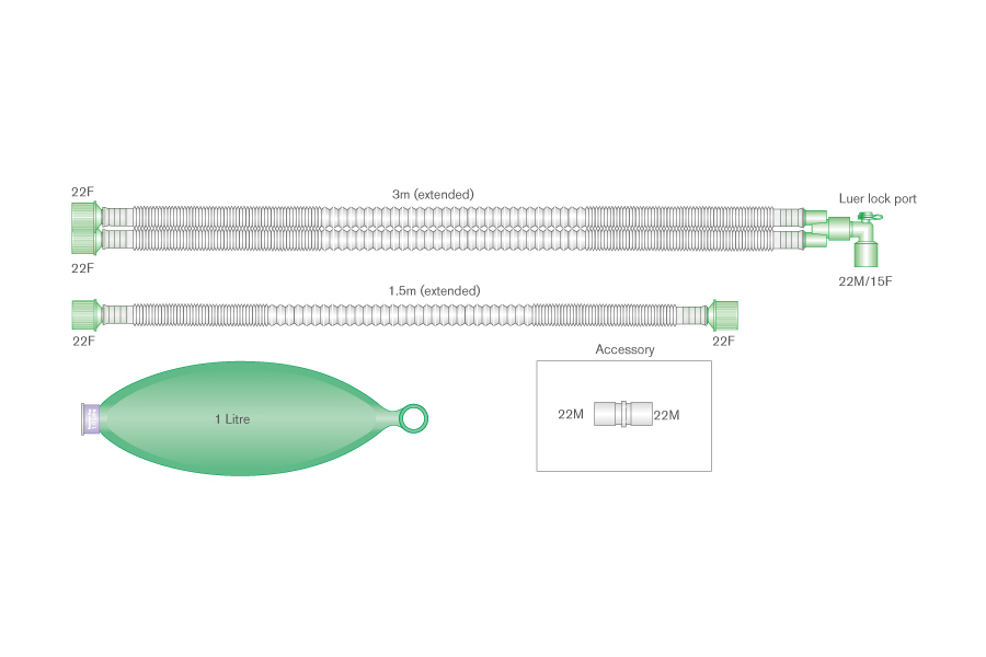 15mm skersmens Compact™ reguliuojamo ilgio kvėpavimo sistema su 1l rezerviniu maišu, alkūne ir papildoma atšaka, ištemptos sistemos ilgis 3.0m