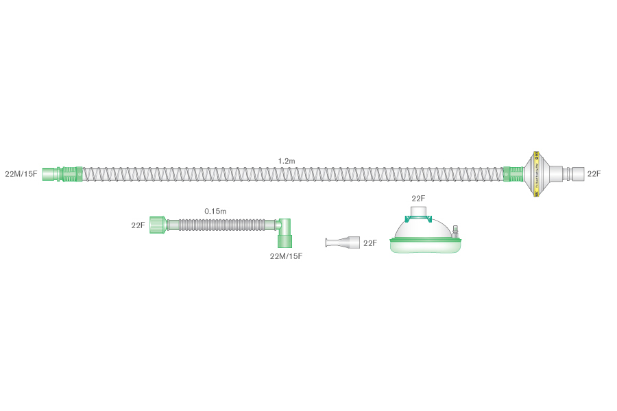 Didelio dydžio rinkinys atsikosėjimui suaugusiems: 1.2m ilgio Smoothbore lygiasienis vamzdis, anesteziologinė kaukė, kandiklis, paciento jungtelė, filtras