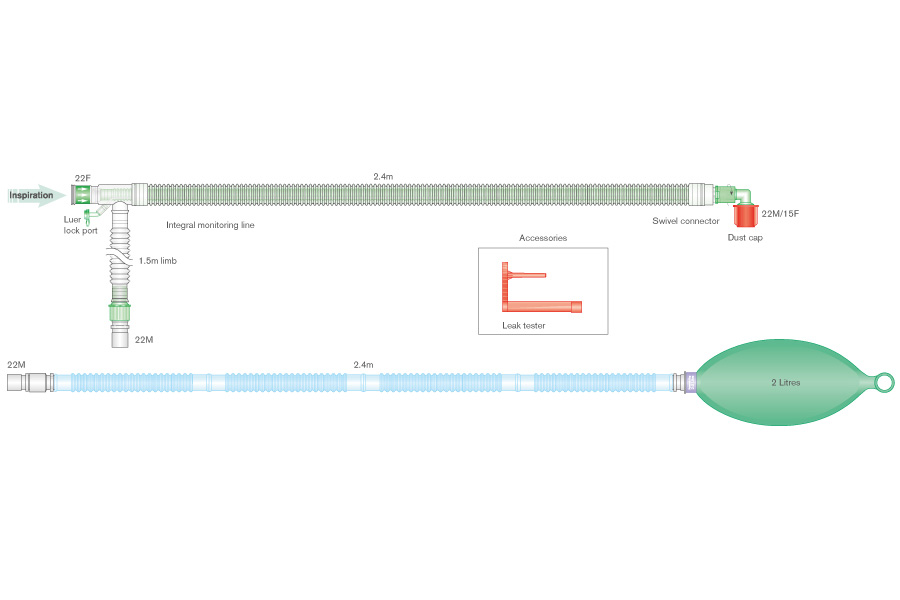 30mm skersmens UniFlow™ bendraašė kvėpavimo sistema su integruota monitoringo linija, mėlynos spalvos papildoma atšaka su 2l rezerviniu maišu ir papildoma atšaka, sistemos ilgis 2.4m