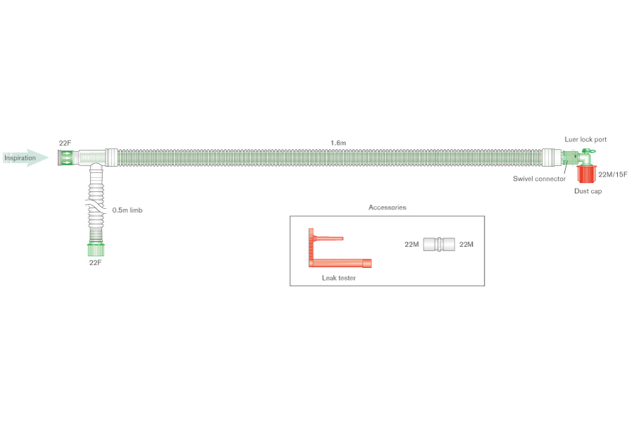 30mm skersmens UniFlow™ bendraašė kvėpavimo sistema su papildoma atšaka, sistemos ilgis ≥ 1.6m