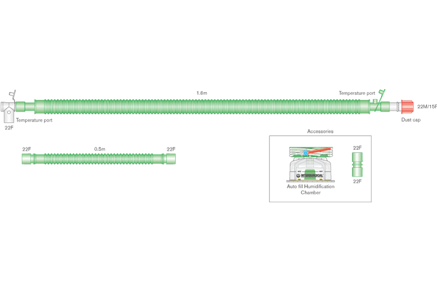 30mm diametro Flextube BiLEVEL šildoma kvėpavimo sistema suaugusiems su šarnyrine paciento jungtele, automatiškai prisipildančiu deguonies drėkinimo indu ir 0.5m atšaka, sistemos ilgis 1.6m