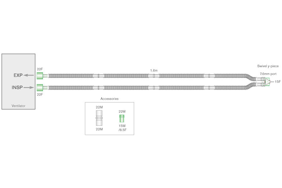 10mm diametro Flextube kvėpavimo sistema su jungtimis 22F, skirta portatyviniams ventiliatoriams, sistemos ilgis 1.6m