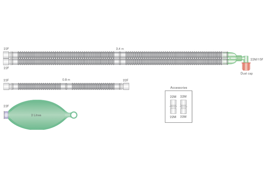 22mm skersmens Flextube™ kvėpavimo sistema su 2l rezerviniu maišu ir 0.8m atšaka, sistemos ilgis 2.4m