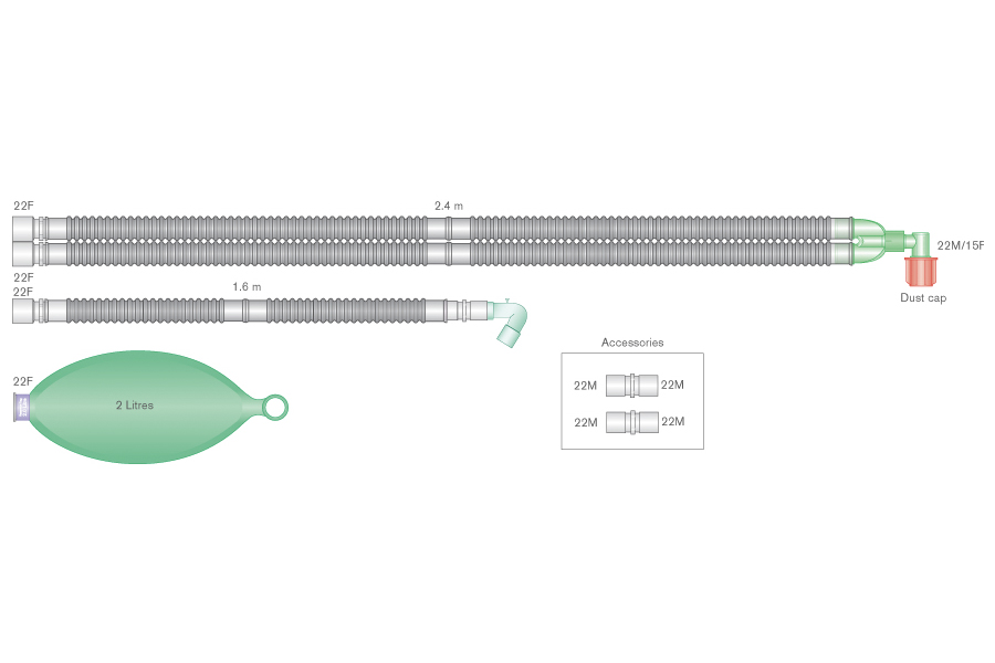 22mm skersmens Flextube™ kvėpavimo sistema su fiksuota alkūne, 2l rezerviniu maišu ir papildoma atšaka, skirta naudoti su Aisys®, Avance® ir Aespire® Carestation® aparatais, sistemos ilgis 2.4m
