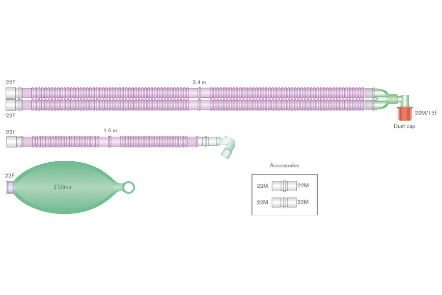 22mm skersmens Silver Knight™ antimikrobinė Flextube™ kvėpavimo sistema su fiksuota alkūne, 2l rezerviniu maišu ir papildoma atšaka, skirta naudoti su Aisys®, Avance® ir Aespire® Carestation® aparatais, sistemos ilgis 2.4m