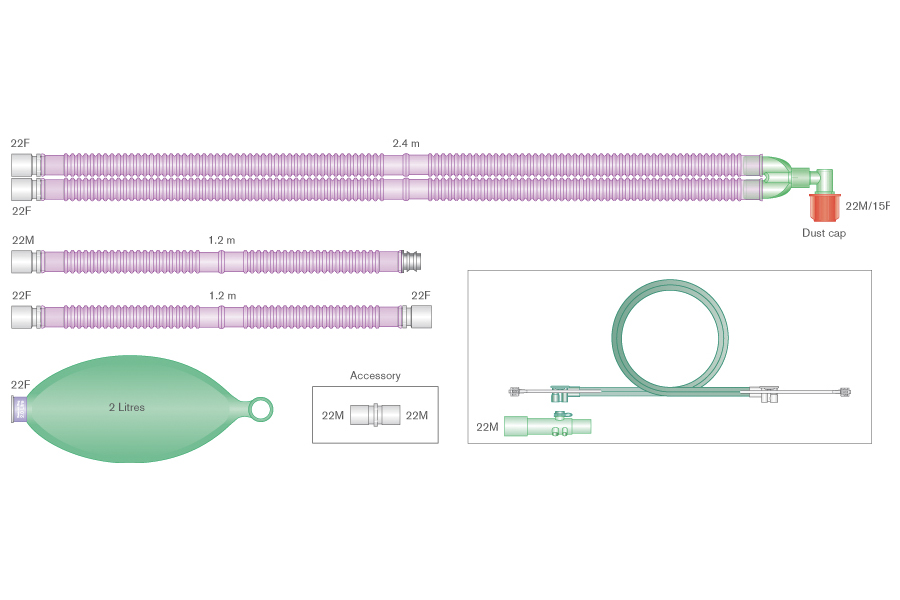 22mm skersmens Silver Knight™ antimikrobinė Flextube™ kvėpavimo sistema su fiksuota alkūne, 2l rezerviniu maišu, dvejomis papildomomis atšakomis ir rinkiniu spirometrijai, skirta naudoti su ADU®  Carestation® aparatais, sistemos ilgis 2.4m