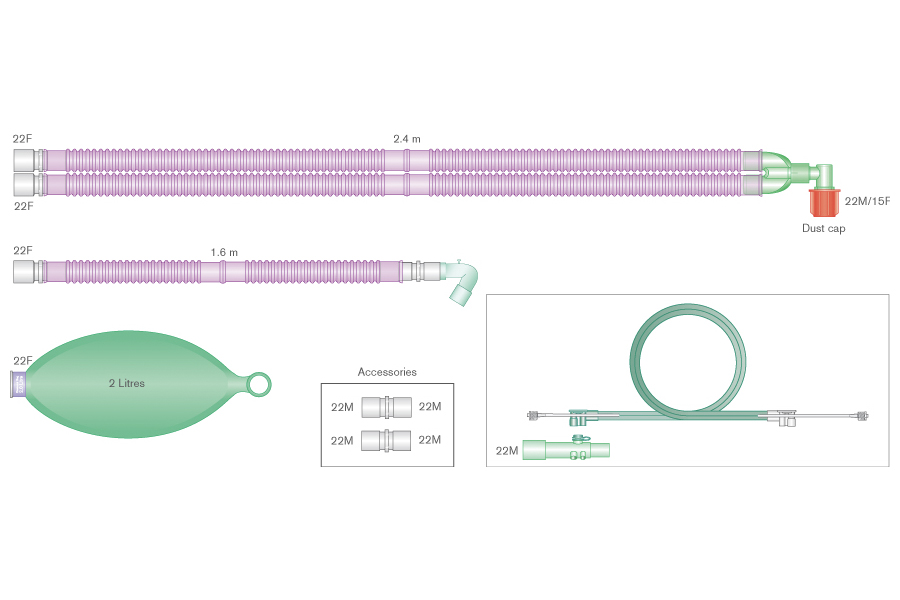 22mm skersmens Silver Knight™ antimikrobinė Flextube™ kvėpavimo sistema su fiksuota alkūne, 2l rezerviniu maišu, papildoma atšaka ir spirometrijos rinkiniu, skirta naudoti su Aisys®, Avance® ir Aespire® Carestation® aparatais, sistemos ilgis 2.4m