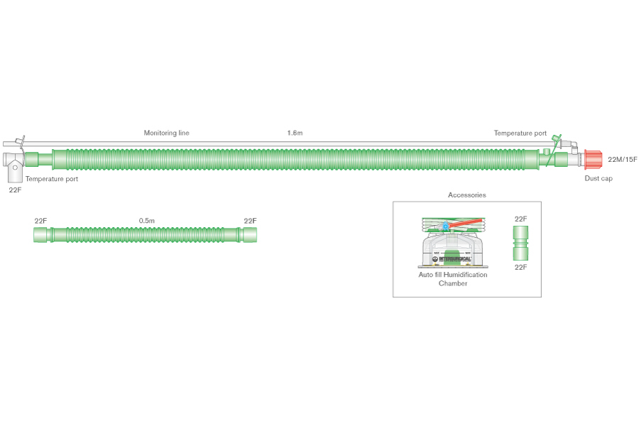 Circuito Binivel Flextube de 30mm con cable calentador, conexión  paciente giratoria, salida espiratoria, cámara de auto-llenado y ramal de 0.5m, longitud 1.6m