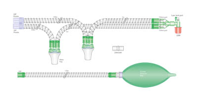 22mm skersmens Smoothbore lygiasienė kvėpavimo sistemasu 2l rezerviniu maišu, luer alkūne, vandens rinktuvais ir atšaka, sistemos ilgis 1.5m
