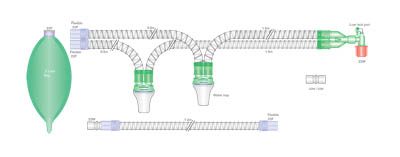22mm skersmens Smoothbore lygiasienė kvėpavimo sistema su 2l rezerviniu maišu, luer alkūne, vandens rinktuvais ir atšaka, sistemos ilgis 2m