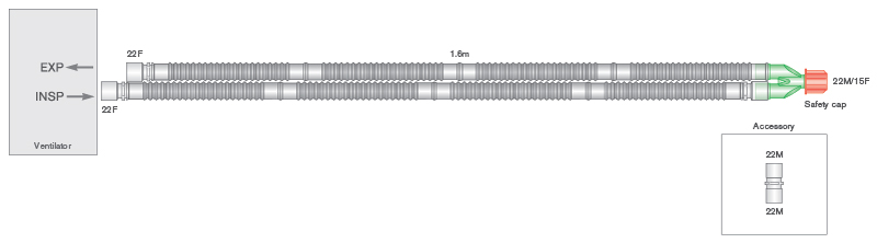 22mm diametro Flextube kvėpavimo sistema su atjungiamomis atšakomis, sistemos ilgis 1.6m