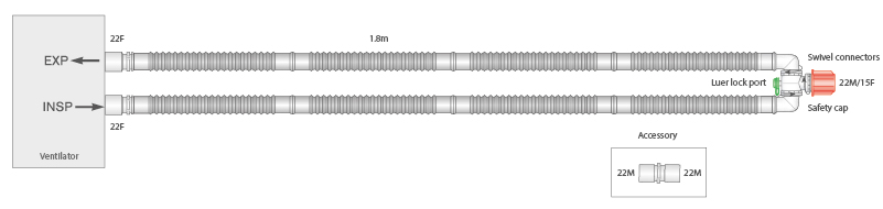 22mm skersmens Fextube™ kvėpavimo sistema su šarnyrine Y-jungtimi, sistemos ilgis 1.6m
