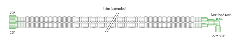 15mm skersmens Compact™ reguliuojamo ilgio kvėpavimo sistema su alkūne, ištemptos sistemos ilgis 1.5m