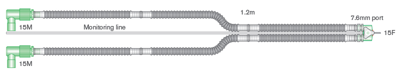 10mm diametro Flextube kvėpavimo sistema su šarnyrine Y jungtimi ir monitoringo linija skirta Fabian ventiliatoriams, sistemos ilgis 1.2m
