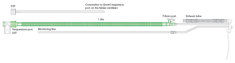 nFlow™ šildoma Flextube™ kvėpavimo sistema naujagimiams CPAP terapijai, skirta Fabian ventiliatoriams, sistemos ilgis 1.6m