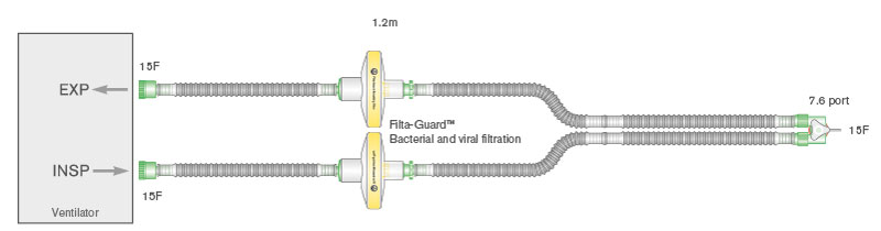 10mm diametro Flextube kvėpavimo sistema su antibakteriniu filtru portatyviniam ventiliatoriui, sistemos ilgis 1.2m