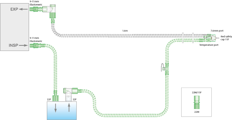 10mm diametro Smoothbore lygiasienė kvėpavimo sistema su šildomomis įkvėpimo ir iškvėpimo atšakomis ir 0.5m atšaka, sistemos ilgis 1.6m