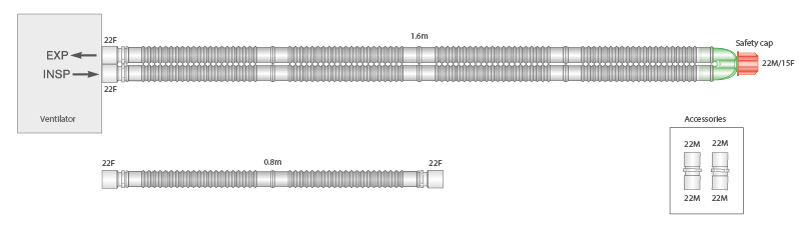 22mm skersmens Flextube™ kvėpavimo sistema su 0.8m atšaka, sistemos ilgis 1.6m