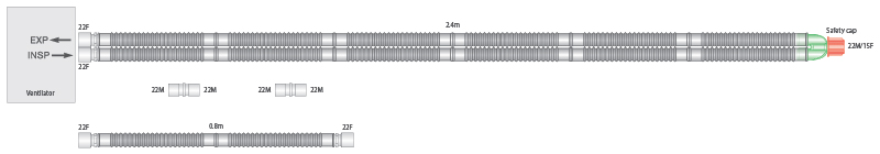 22mm skersmens Flextube™ kvėpavimo sistema su 0.8m atšaka, sistemos ilgis 2.4m