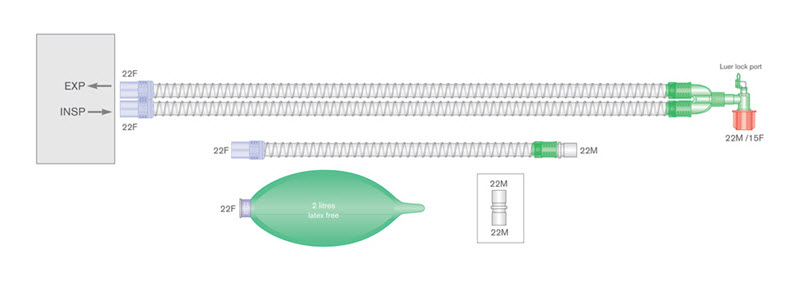 22mm skersmens Smoothbore lygiasienė kvėpavimo sistema su 2l rezerviniu maišu, luer alkūne ir atšaka, sistemos ilgis 1.8m 