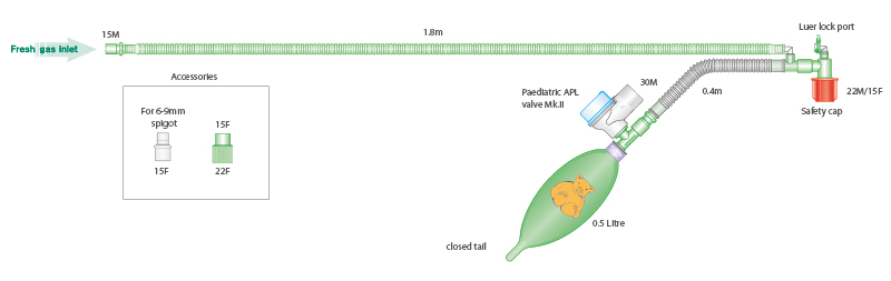 T-formos kvėpavimo sistema, kūdikiams, su 0.5l rezerviniu maišu, sistemos ilgis 1.8m