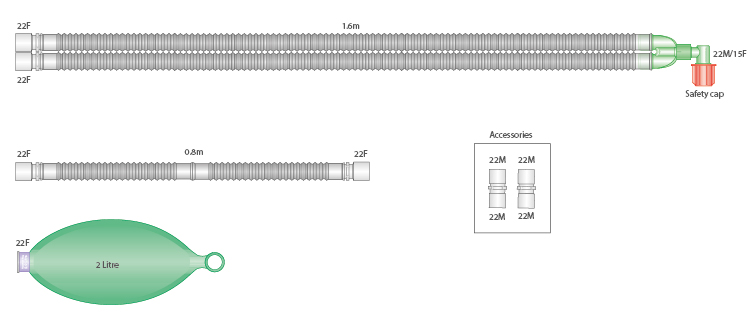 22mm skersmens Flextube™ kvėpavimo sistema su 2l rezerviniu maišu ir 0.8m atšaka, sistemos ilgis 1.6m